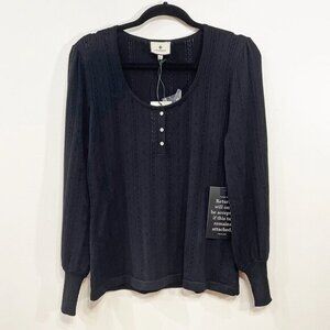 New Tuckernuck 100% Cotton Pointelle Henley Sweater Black XL